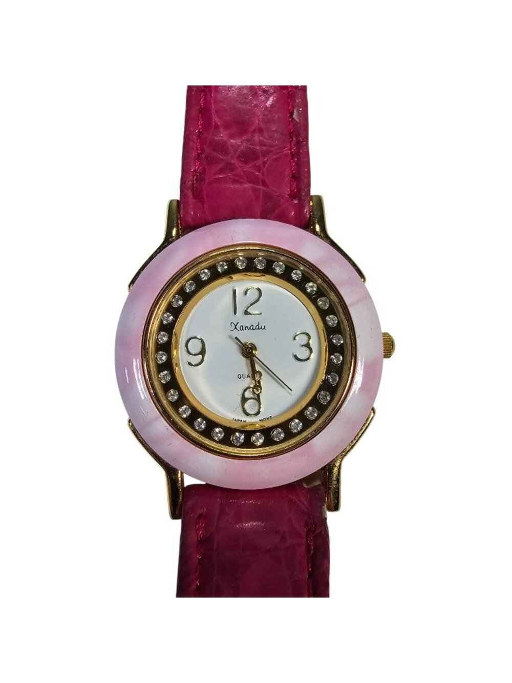 Xanadu Women's Pink Rhinestone Bezel Gold Tone Analog Watch w/ Leather Strap